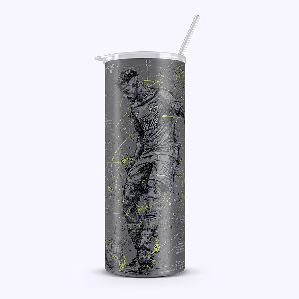 Tumbler with a graphic of a soccer player in action on a gray background