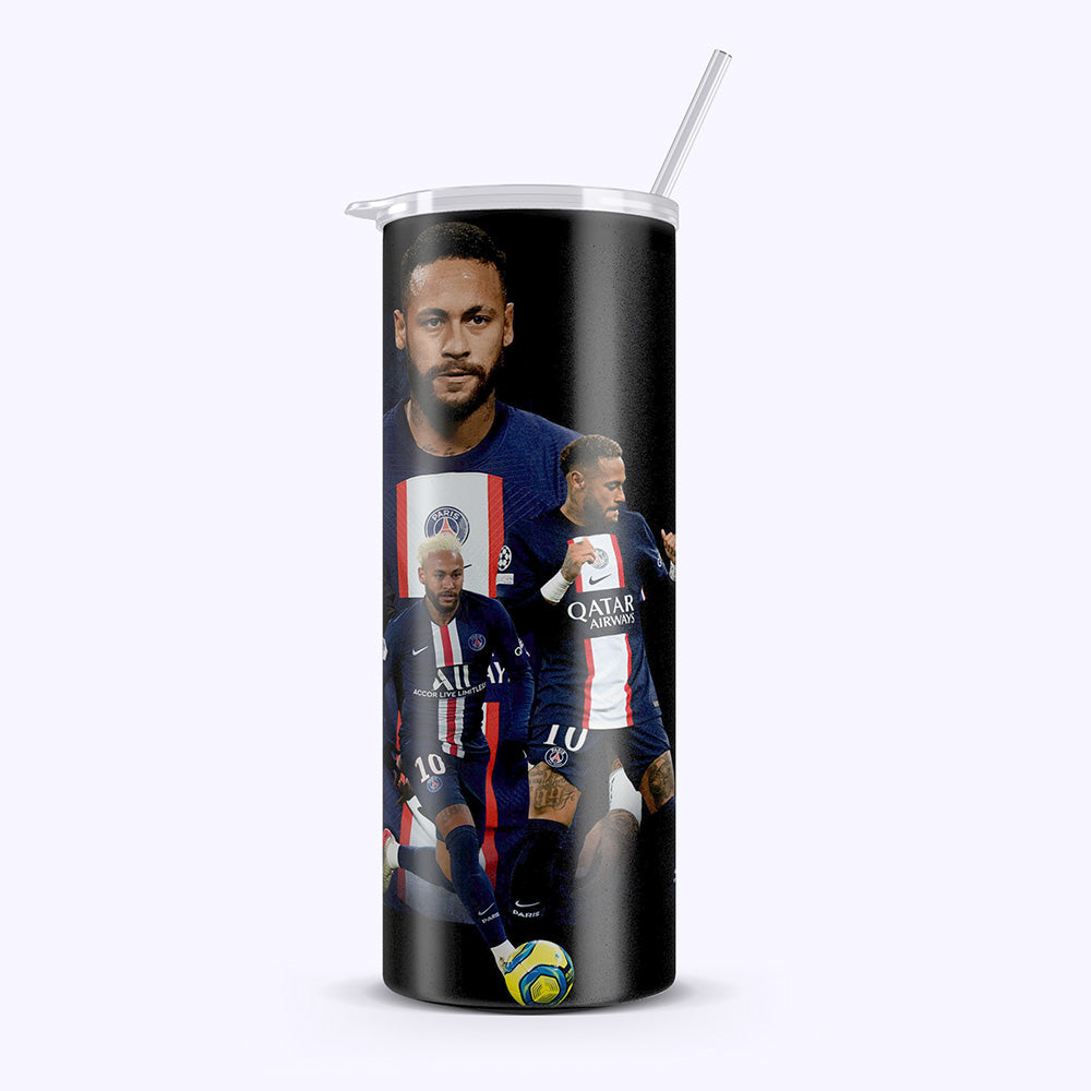 Tumbler with soccer player images and branding on a white background