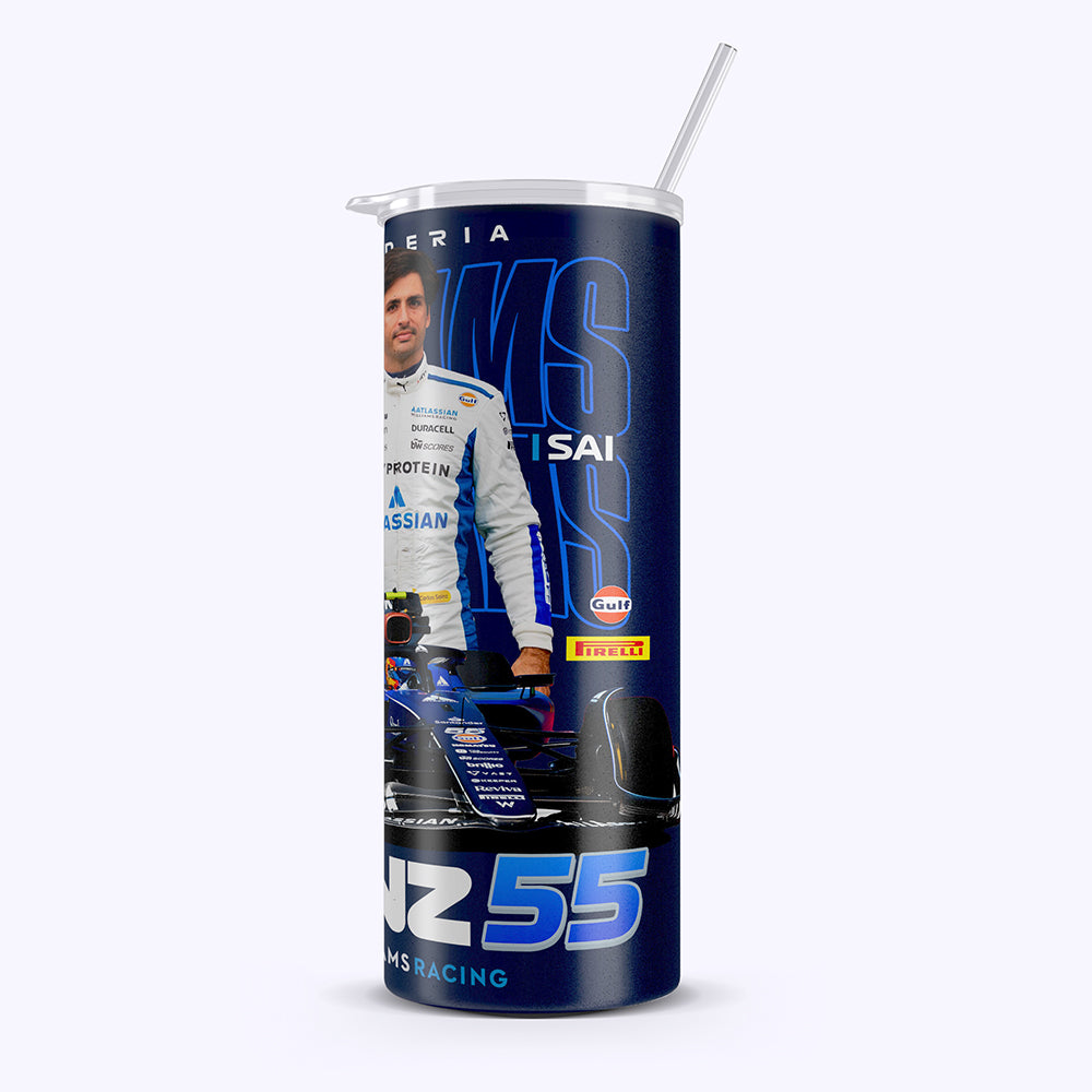 Tumbler with racing-themed design featuring a driver and branding on a white background