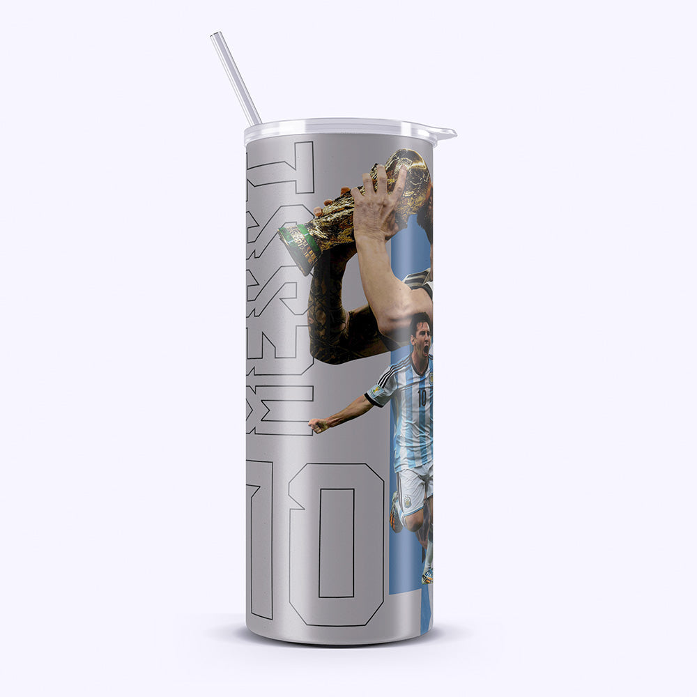 Silver tumbler with a soccer player holding a trophy design on a white background