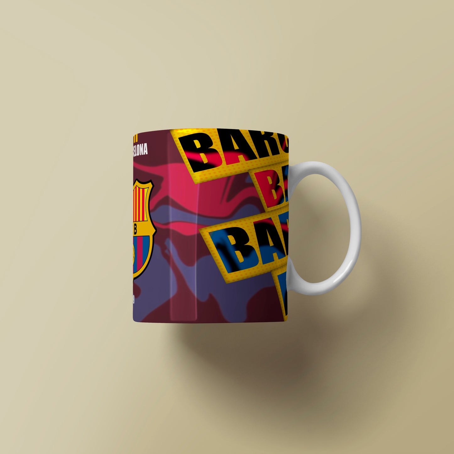 Mug with colorful design on a beige background