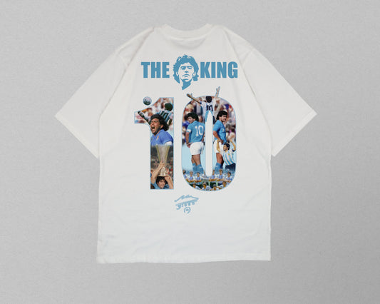 White t-shirt with graphic design and text on a gray background