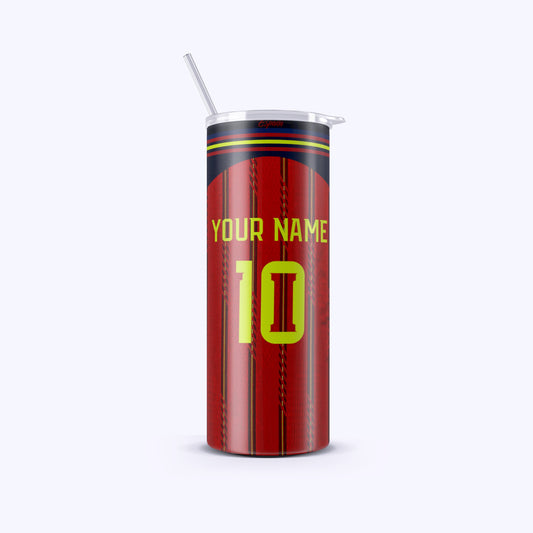 Red tumbler with yellow number 10 and customizable text on a white background