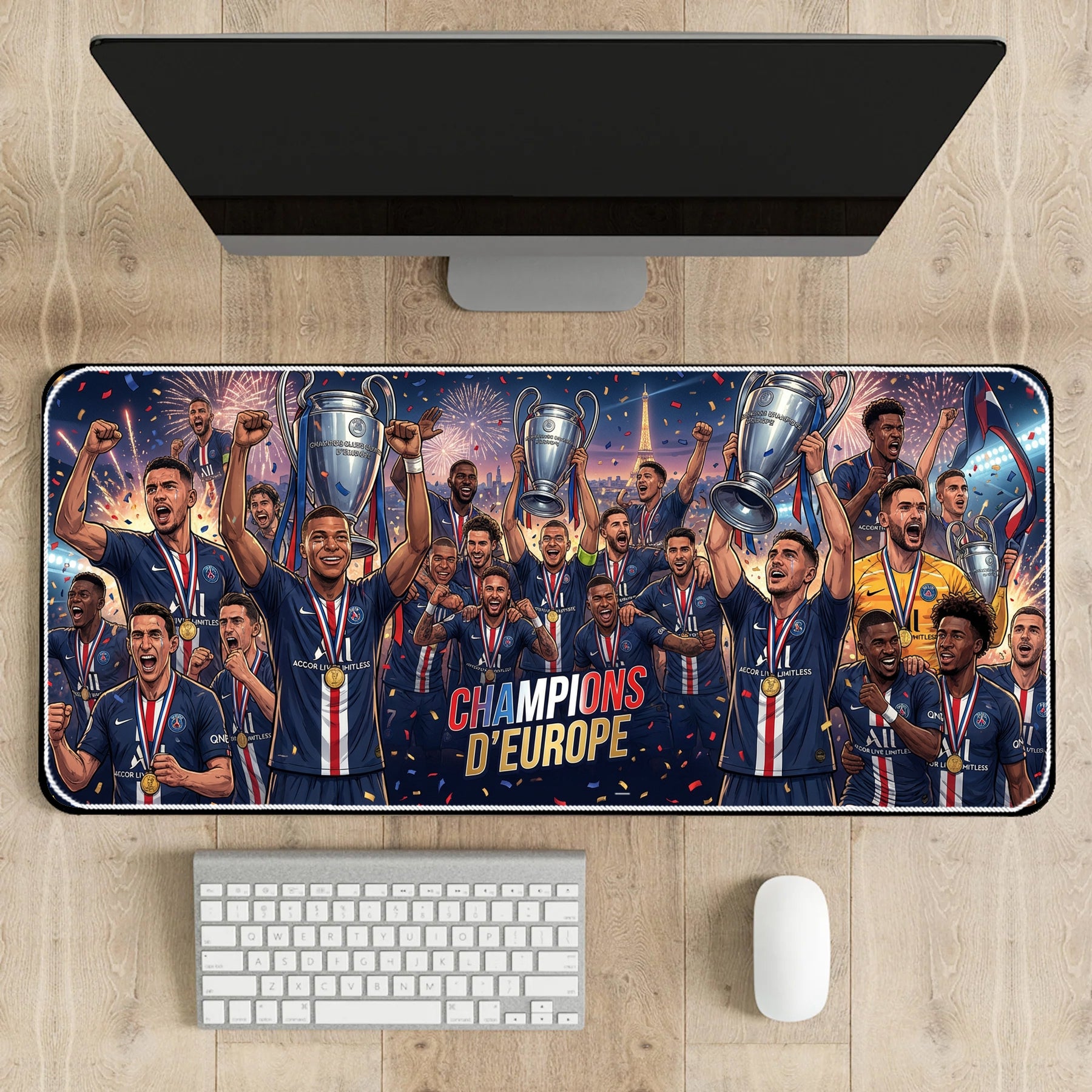Desk setup with a large mouse pad featuring a sports team celebrating with trophies on a wooden desk.
