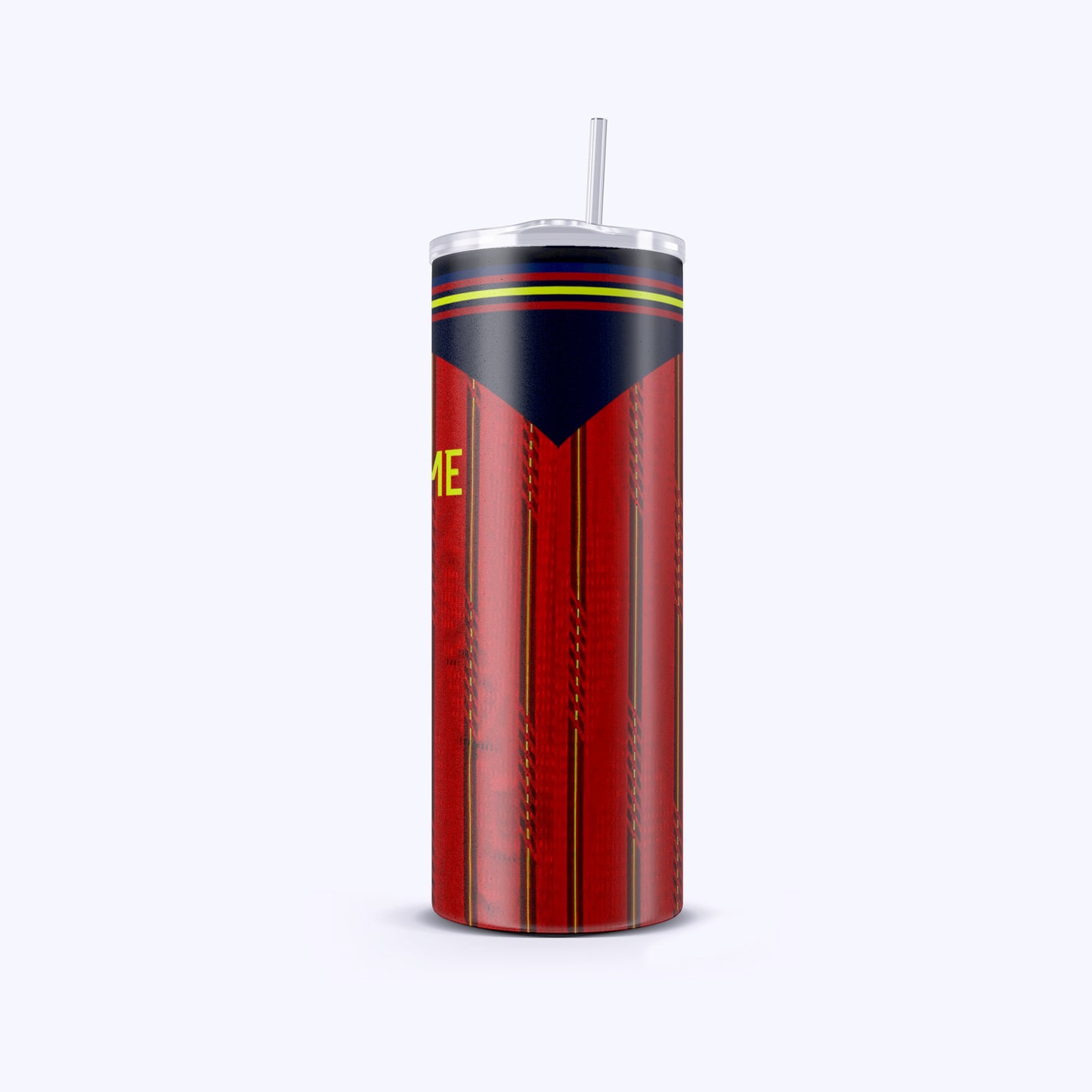 Red tumbler with black and yellow design on a white background