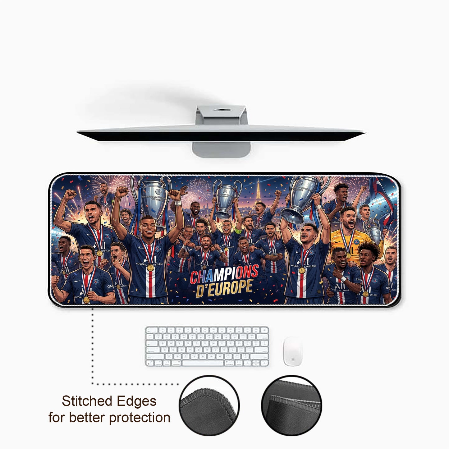Desk setup with a large mouse pad featuring a soccer team design, keyboard, and mouse.