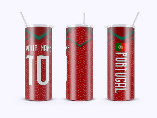 Three red cups with green and white patterns, featuring text and a logo on a white background.