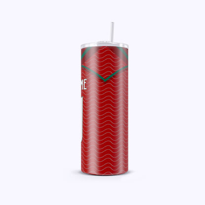 Red tumbler with a green logo on a white background