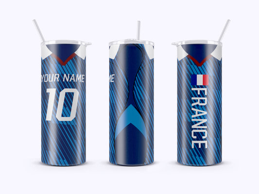 Three cylindrical drinks containers with a sports jersey design, featuring text and a flag.