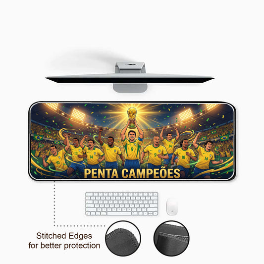 Soccer-themed desk mat with players celebrating a victory, featuring the text 'Penta Campeçes'.