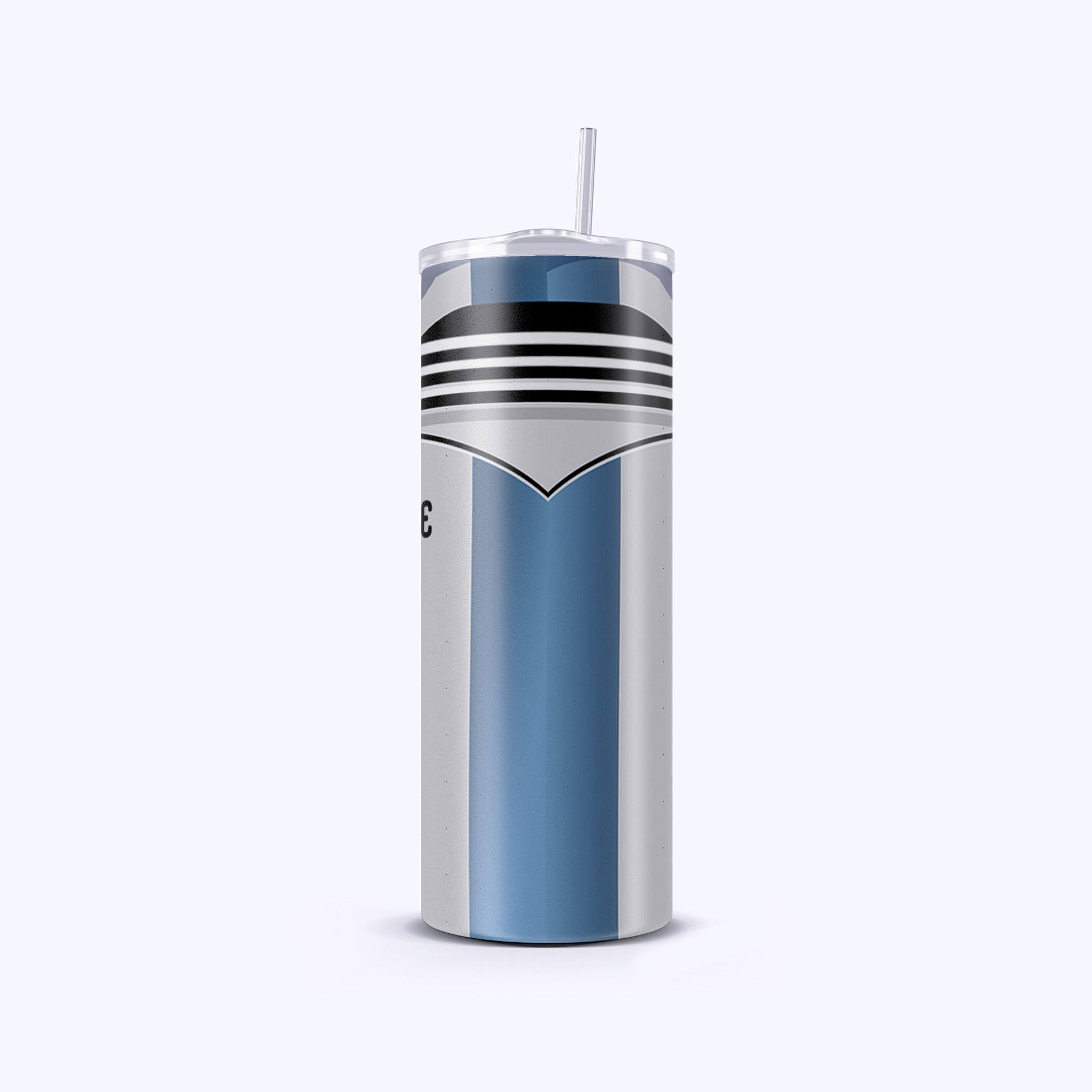 Tumbler with blue and silver design on a white background