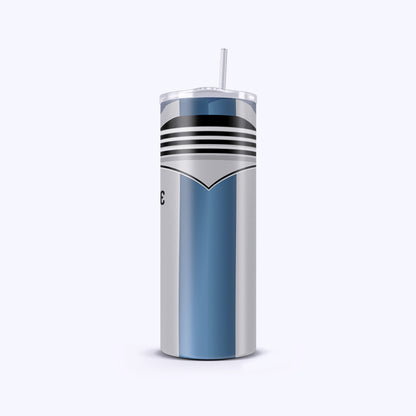Tumbler with blue and silver design on a white background