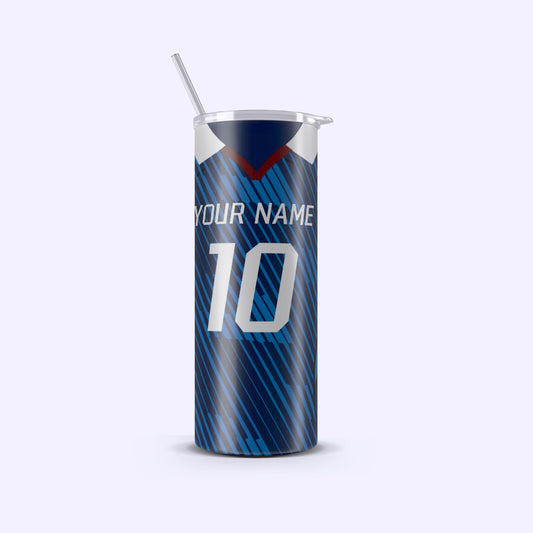 Tumbler with customizable name and number on a white background