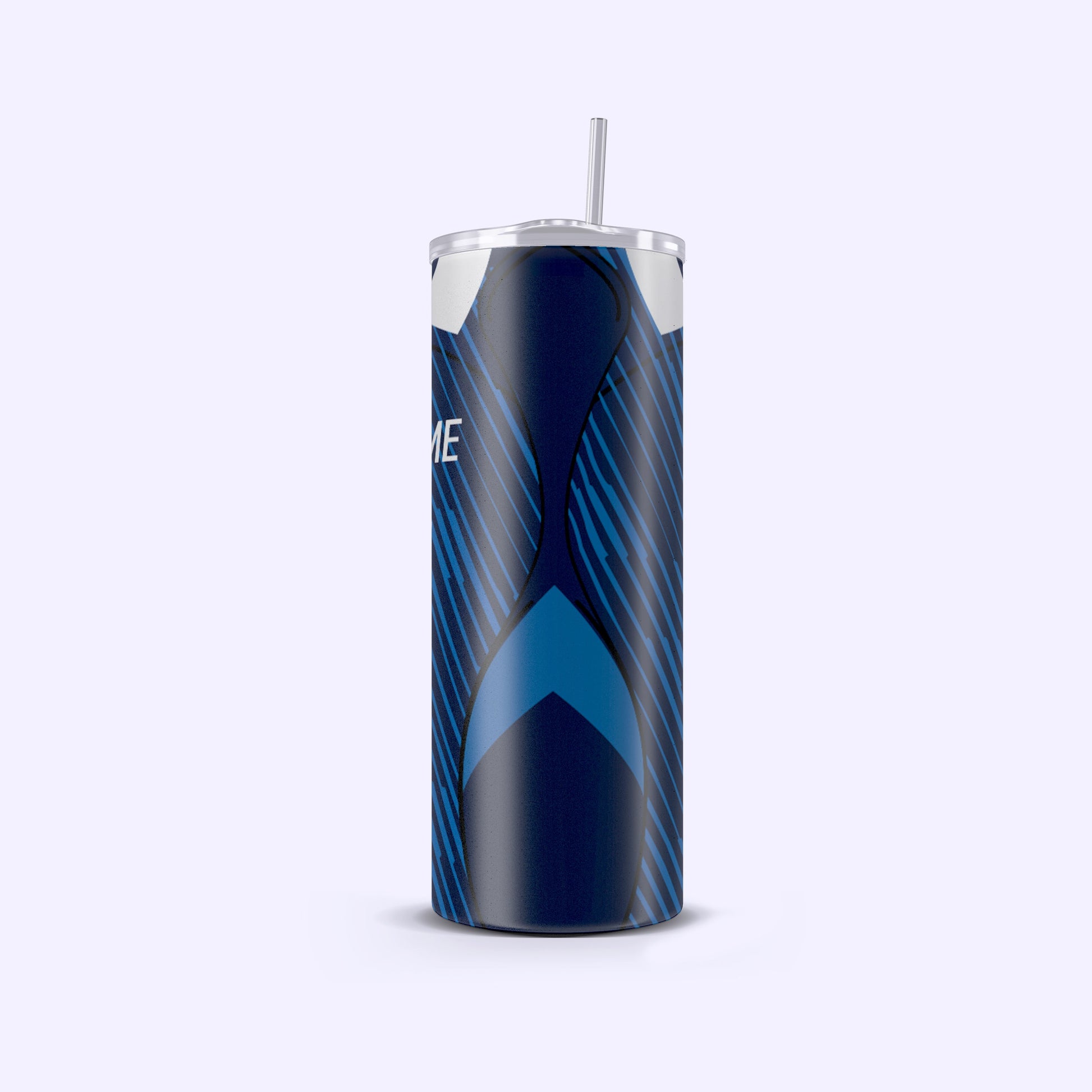 Blue tumbler with a straw on a light gray background