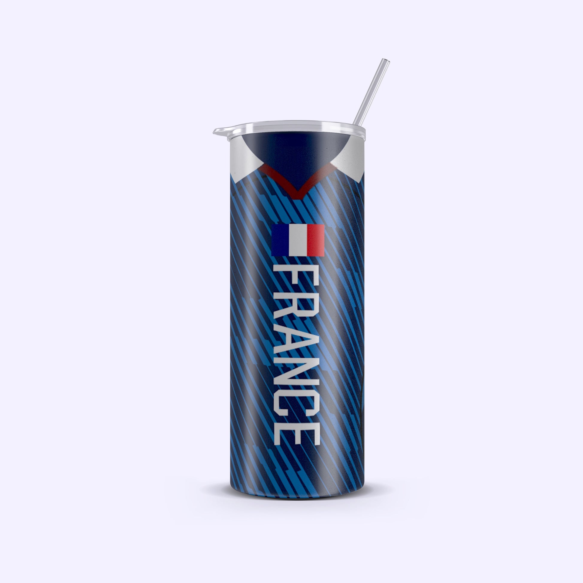Tumbler with 'France' text and flag design on a white background