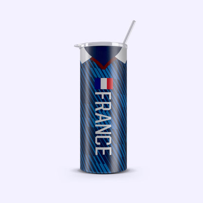 Tumbler with 'France' text and flag design on a white background