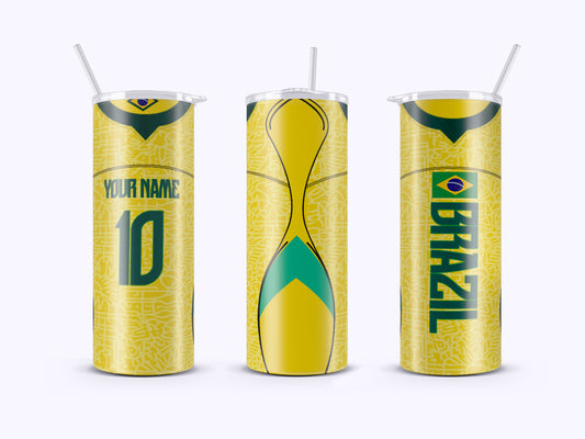 Three yellow tumbler cups with soccer ball design and 'Brazil' text on a white background