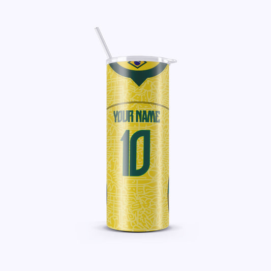 Yellow tumbler with a design resembling a sports jersey on a white background