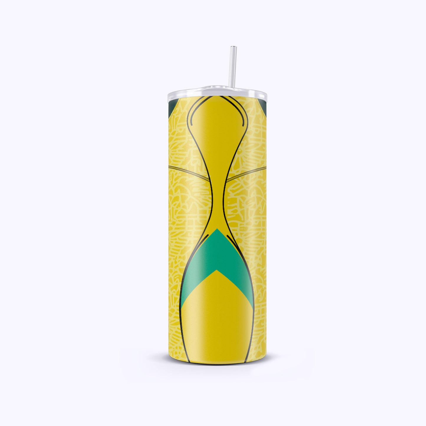 Yellow tumbler with green accent on a white background