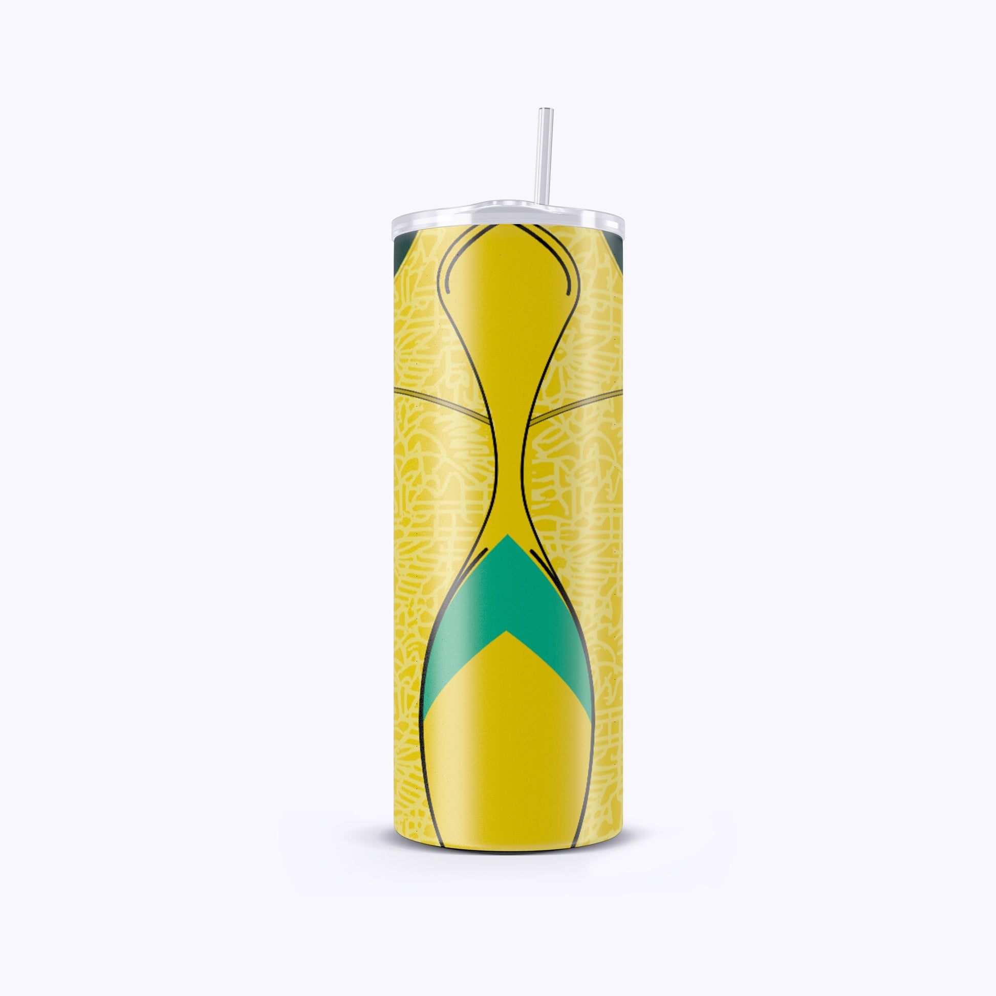 Yellow tumbler with green accent on a white background