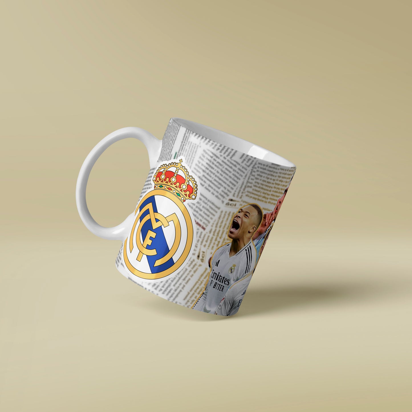 Mug with Real Madrid logo and player image on a beige background