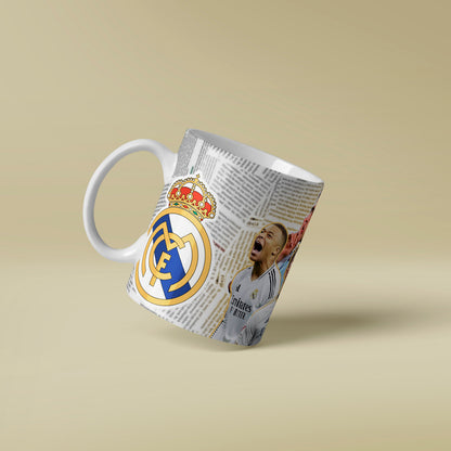Mug with Real Madrid logo and player image on a beige background