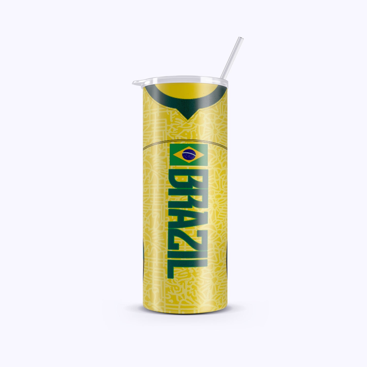 Tumbler with Brazil-themed design on a white background