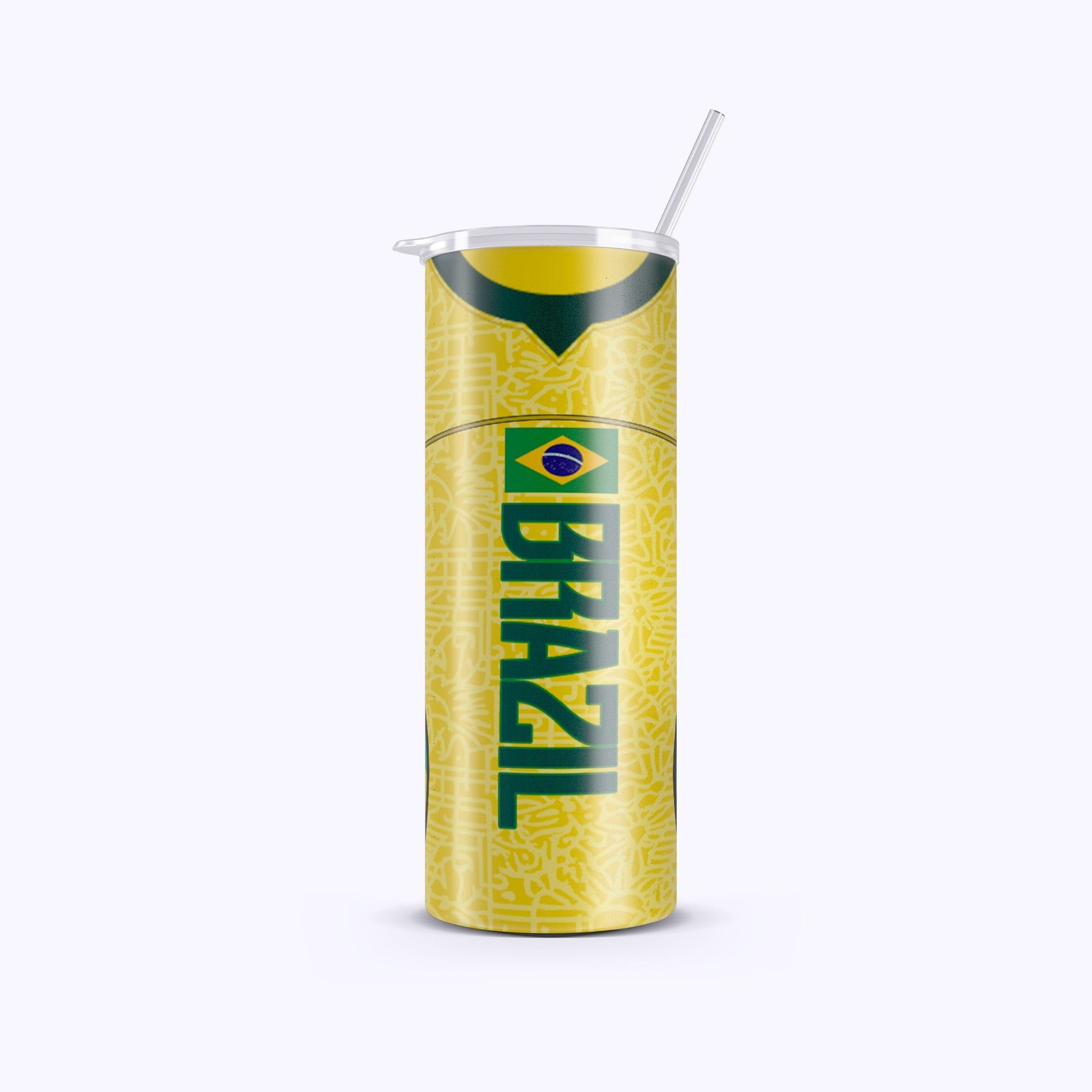 Tumbler with Brazil-themed design on a white background