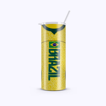 Tumbler with Brazil-themed design on a white background