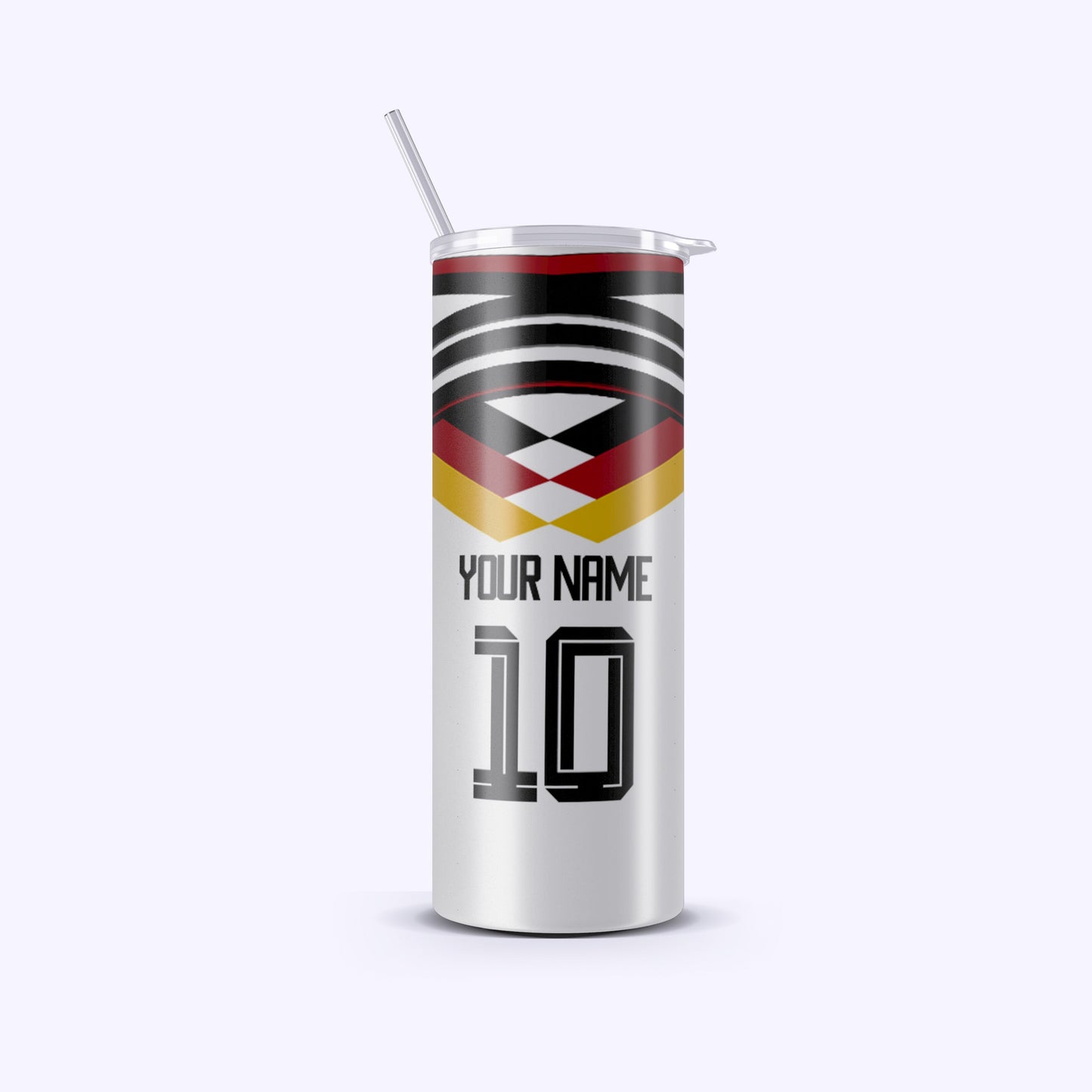 Tumbler with a design featuring a flag and text on a white background