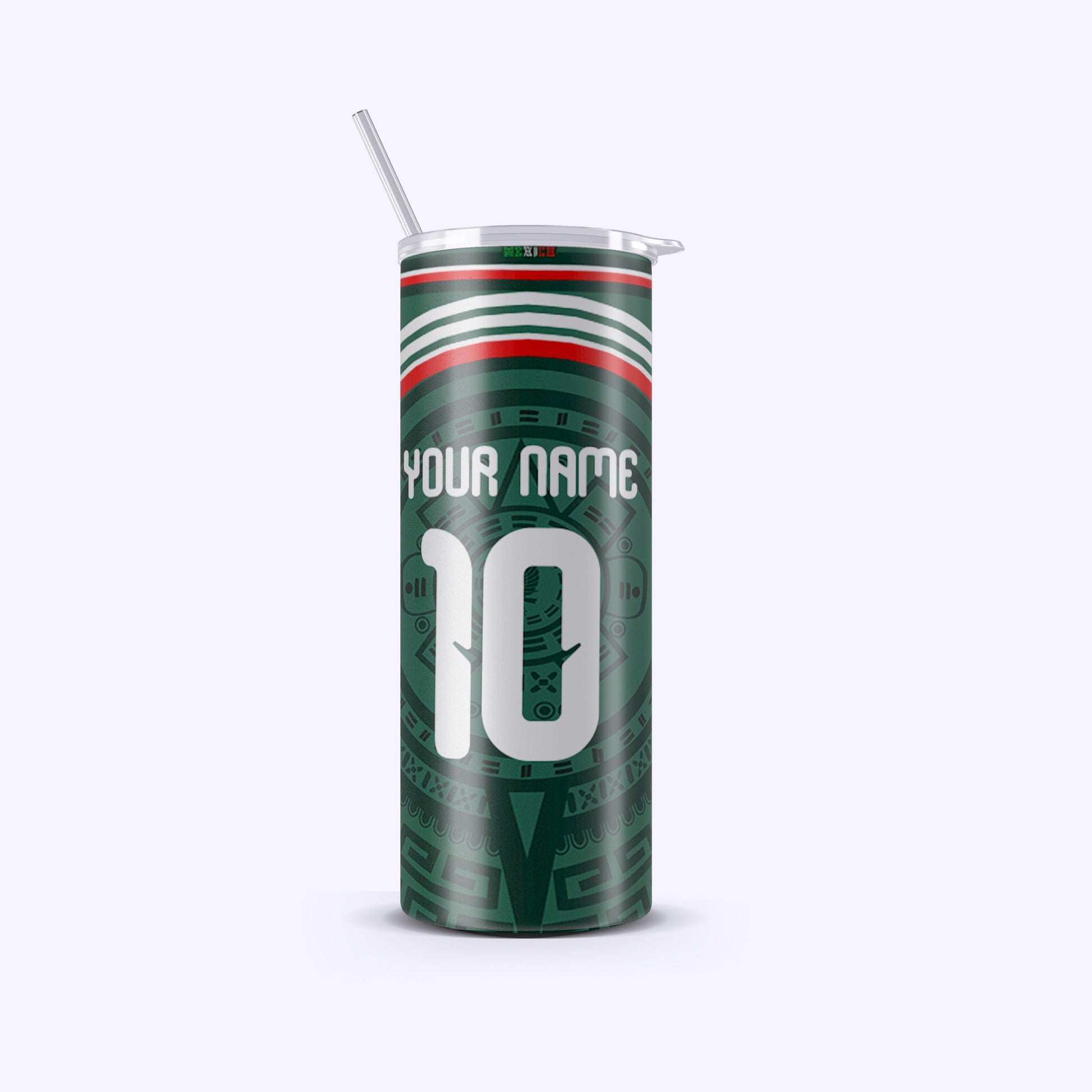 Green tumbler with red and white accents on a white background