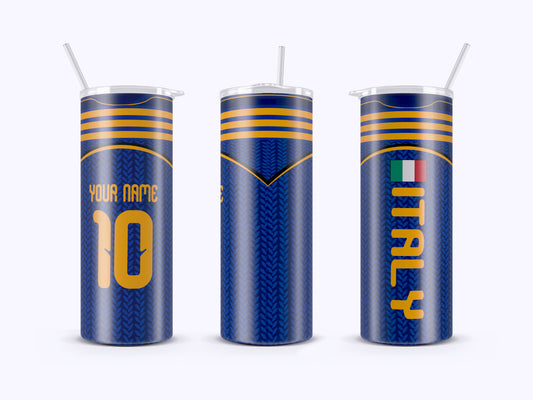Three blue tumblers with Italian design elements on a white background