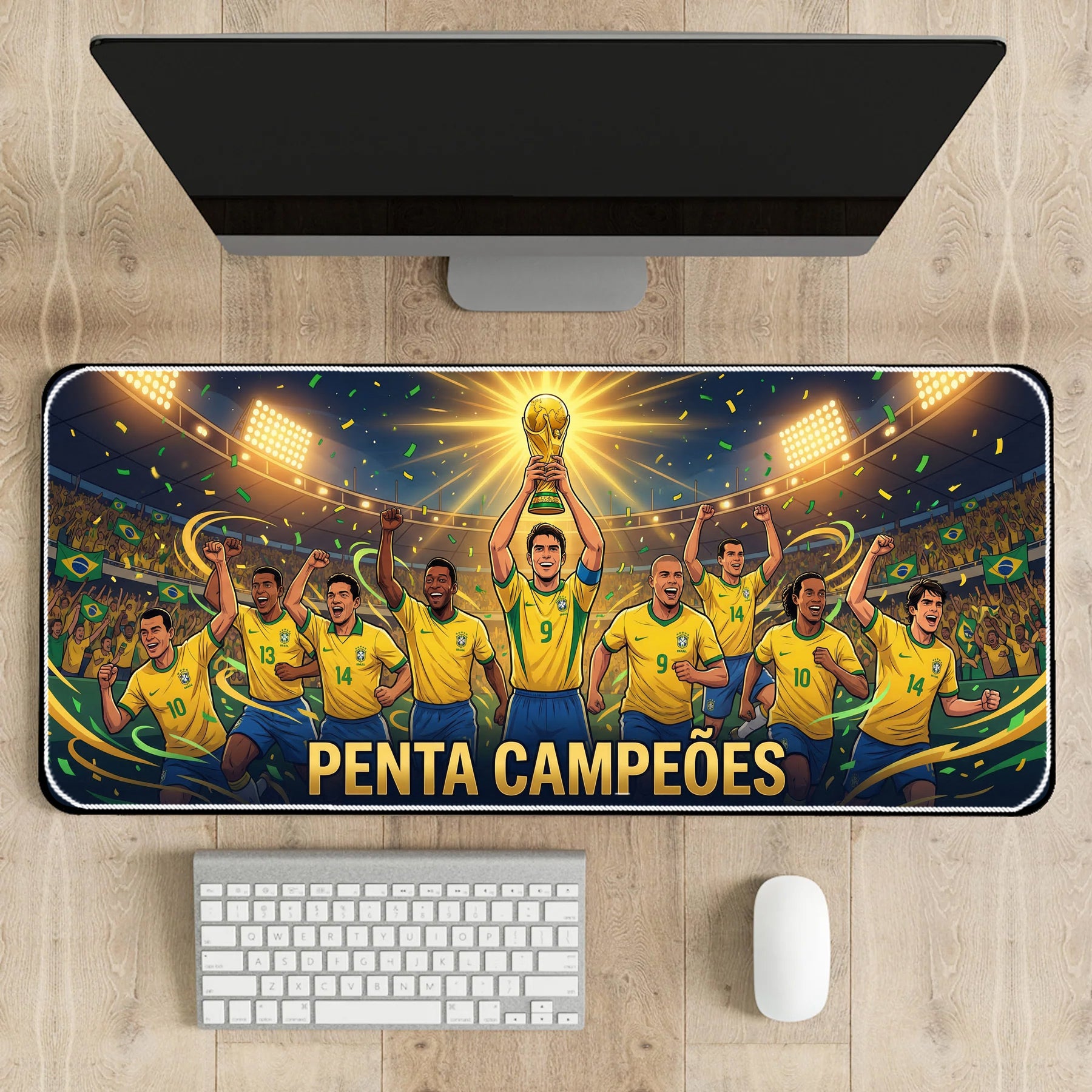 Desk setup with a large mouse pad featuring a soccer team celebrating a victory, placed on a wooden desk.