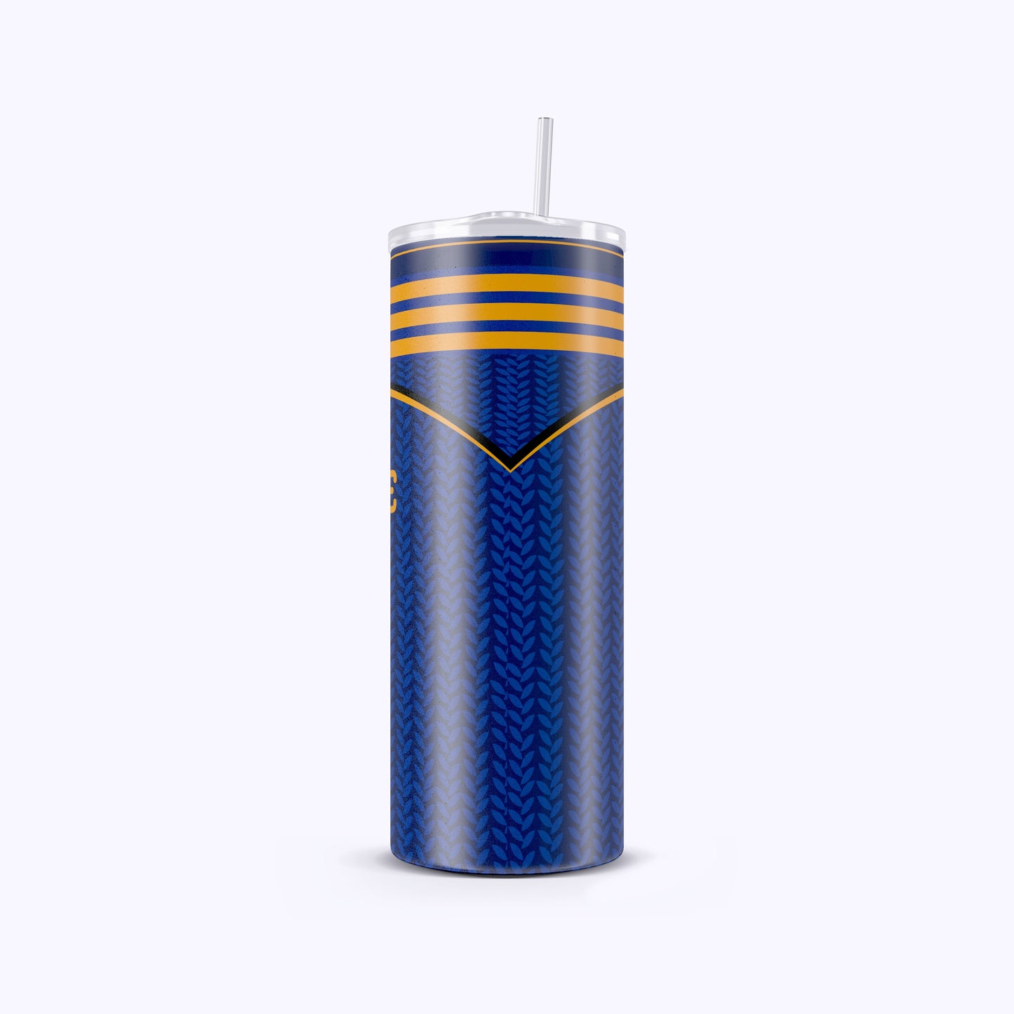 Blue tumbler with yellow stripes on a white background