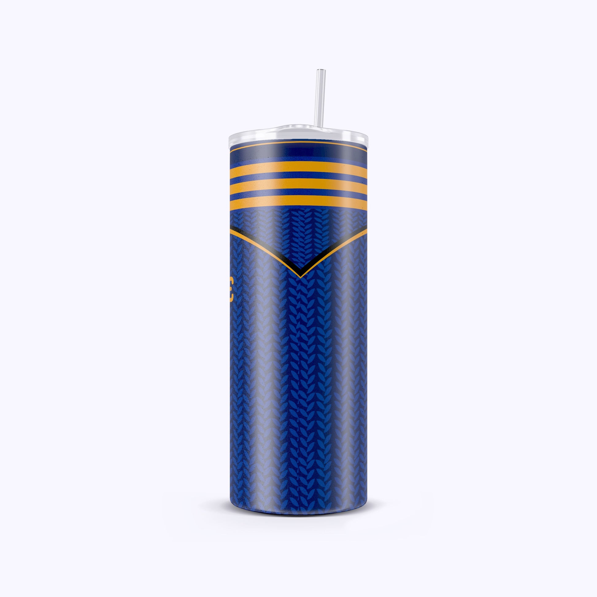 Blue tumbler with yellow stripes on a white background