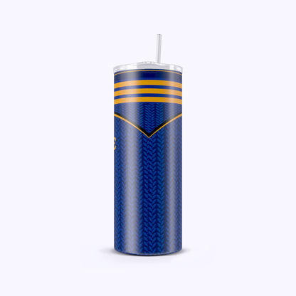 Blue tumbler with yellow stripes on a white background