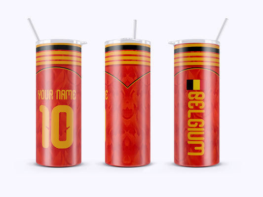 Three red cups with yellow and black designs, resembling a soccer jersey, on a white background.