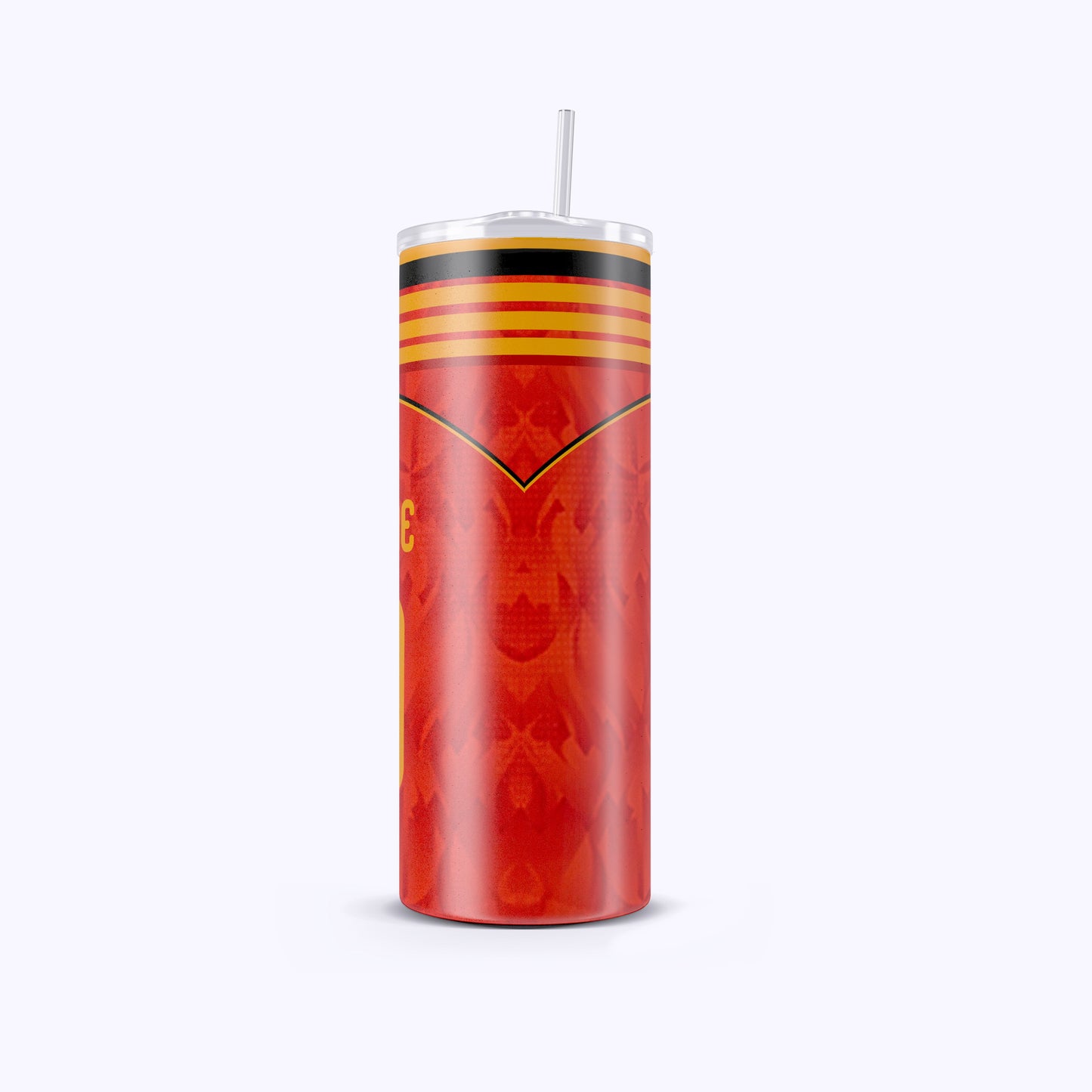 Red cylindrical tumbler with a black and yellow band on a white background