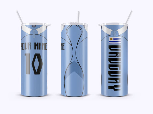 Three blue sports-themed tumblers with personalized and national team designs.