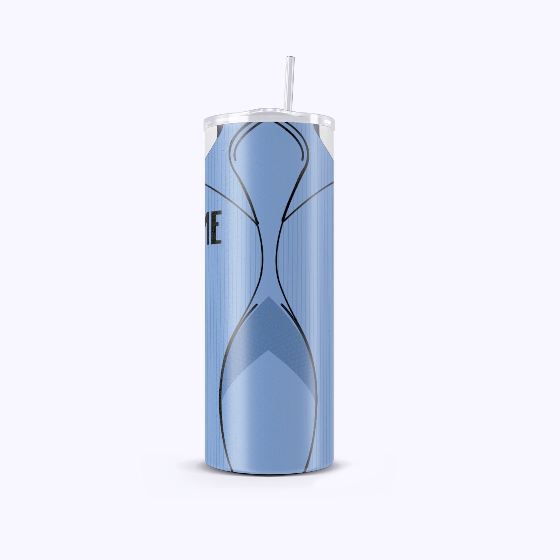 Blue tumbler with a white lid on a white background