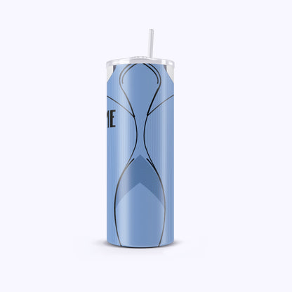 Blue tumbler with a white lid on a white background