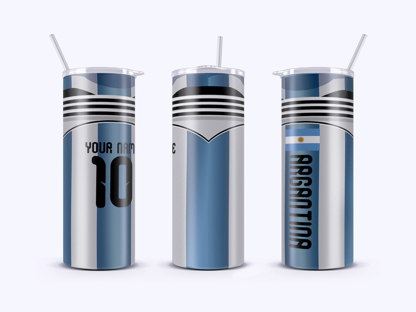 Three cylindrical tumblers with sports team branding on a white background