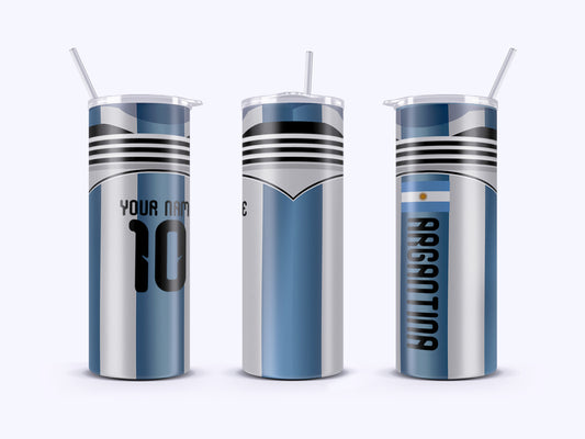 Three cylindrical tumblers with sports team branding on a white background
