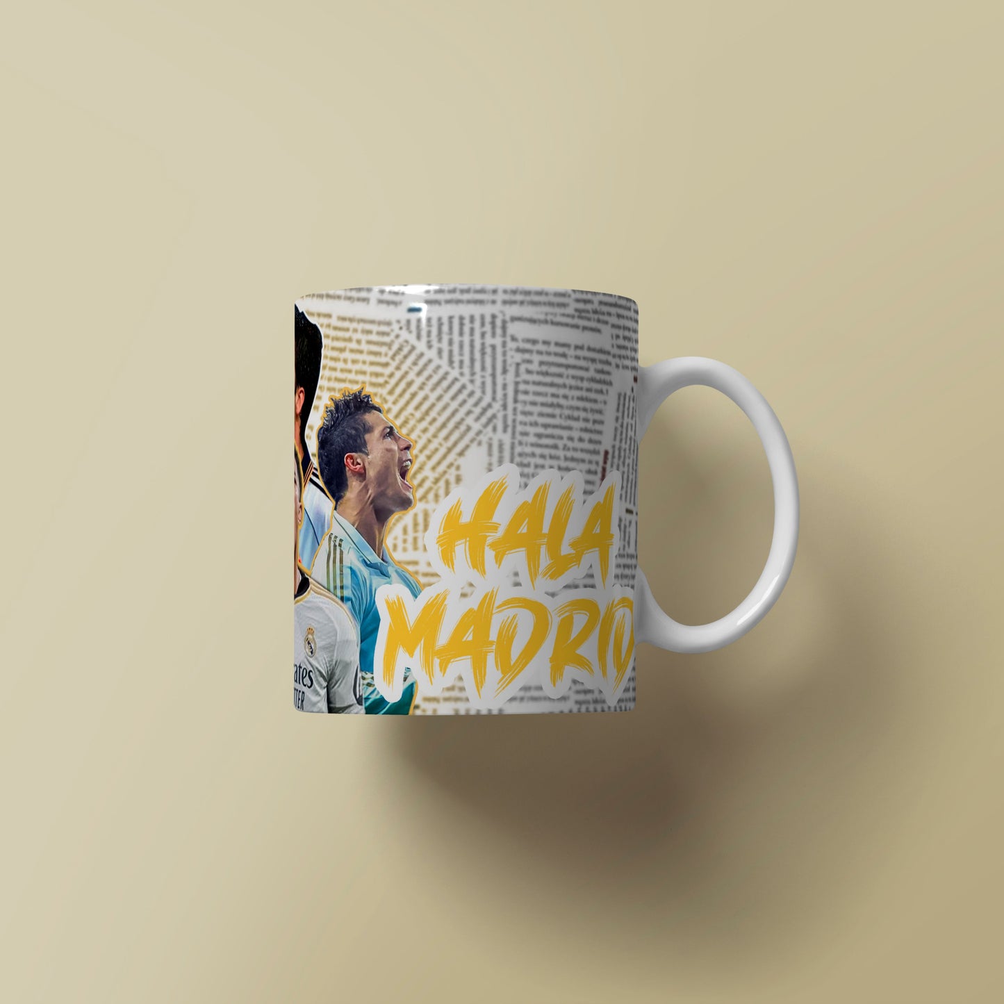 Mug with sports-themed design and 'Hala Madrid' text on a beige background