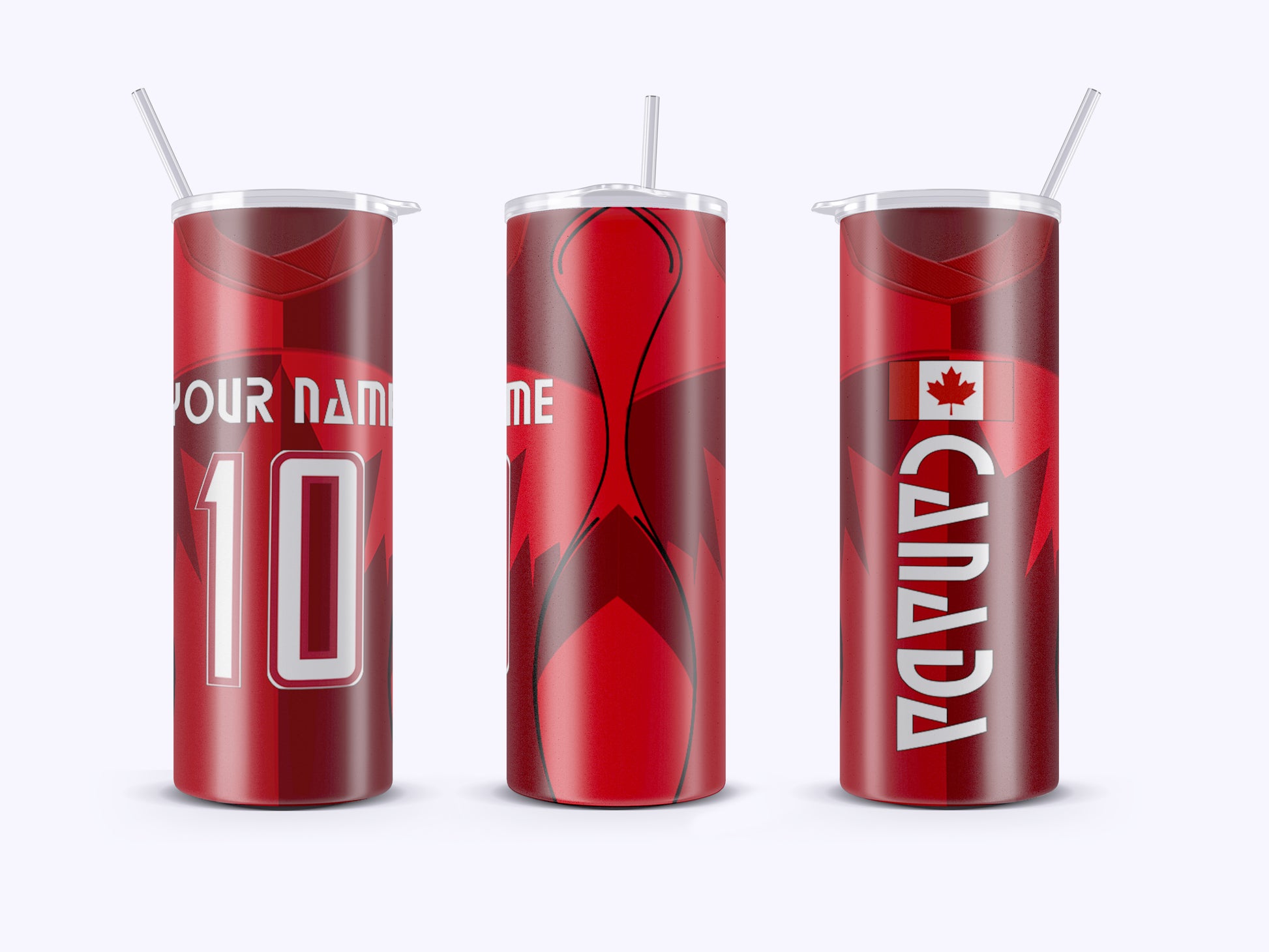 Three red tumblers with customizable text on a white background