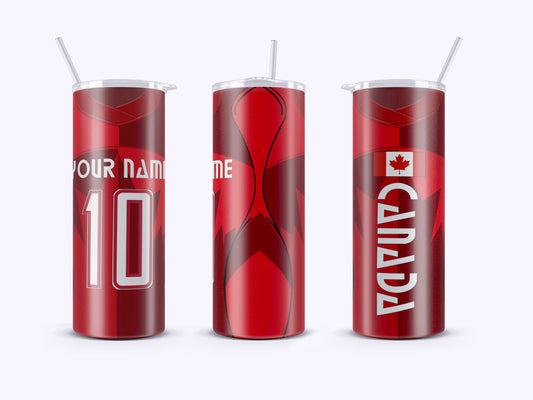 Three red tumblers with customizable text on a white background