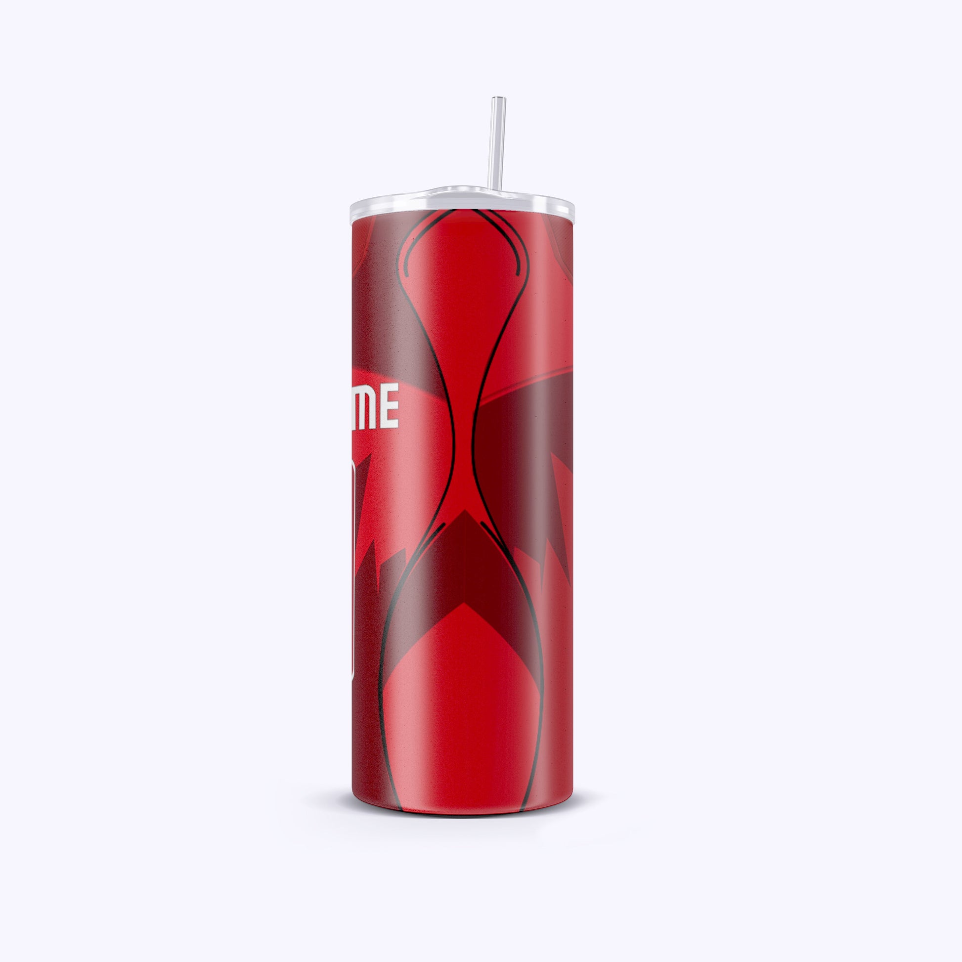 Red and black patterned tumbler with a straw on a white background