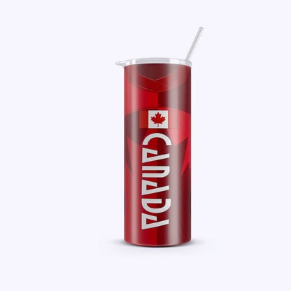 Red tumbler with 'Canada' text and a flag design on a white background
