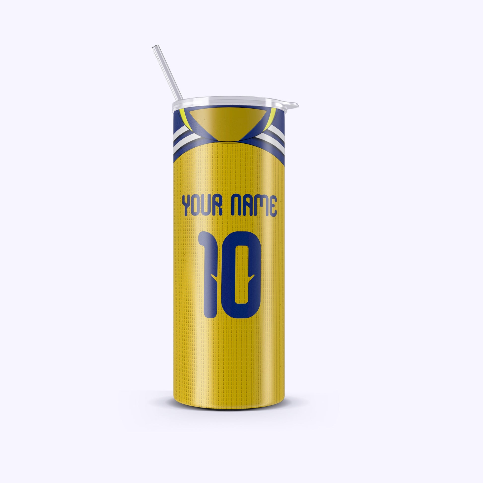 Yellow tumbler with blue accents and customizable text on a white background