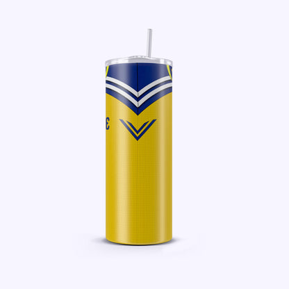 Yellow tumbler with blue and white design on a white background